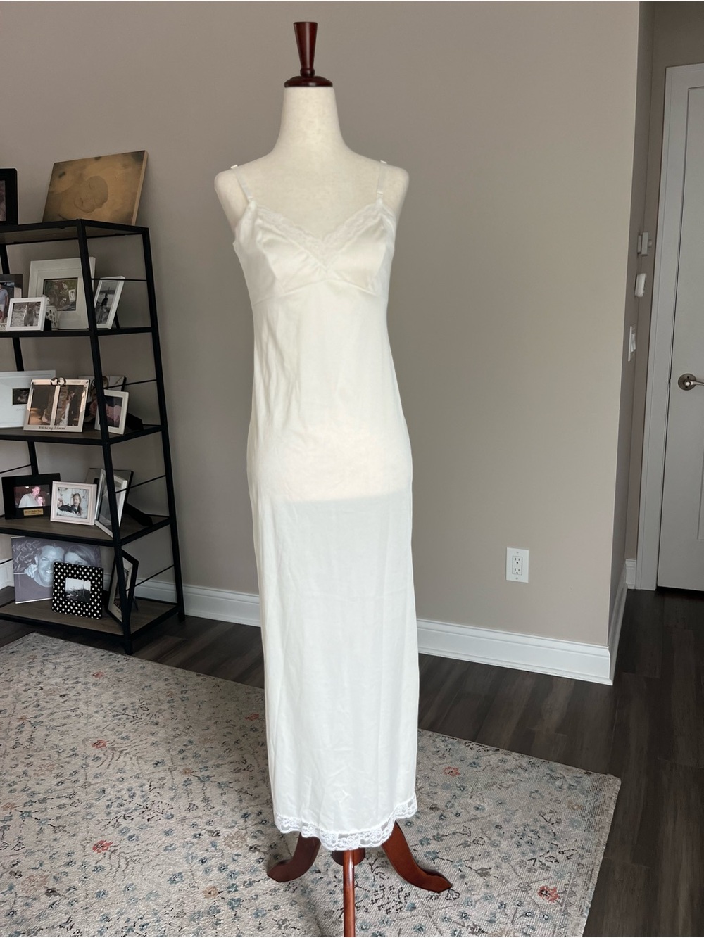 Vintage Classic Ivory Lace-Trim Slip Dress w Side Slit - Women's Intimates
